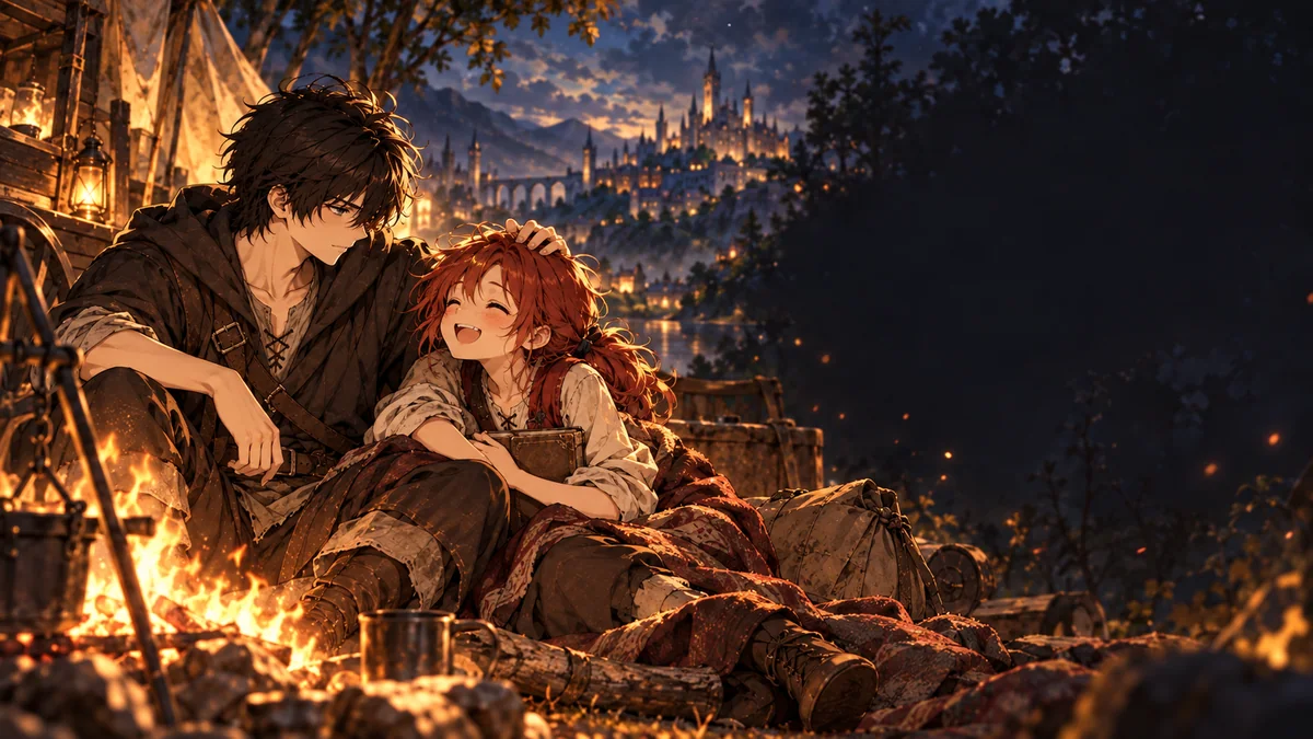 Otto e Lyrio junto de uma fogueira ao entardecer